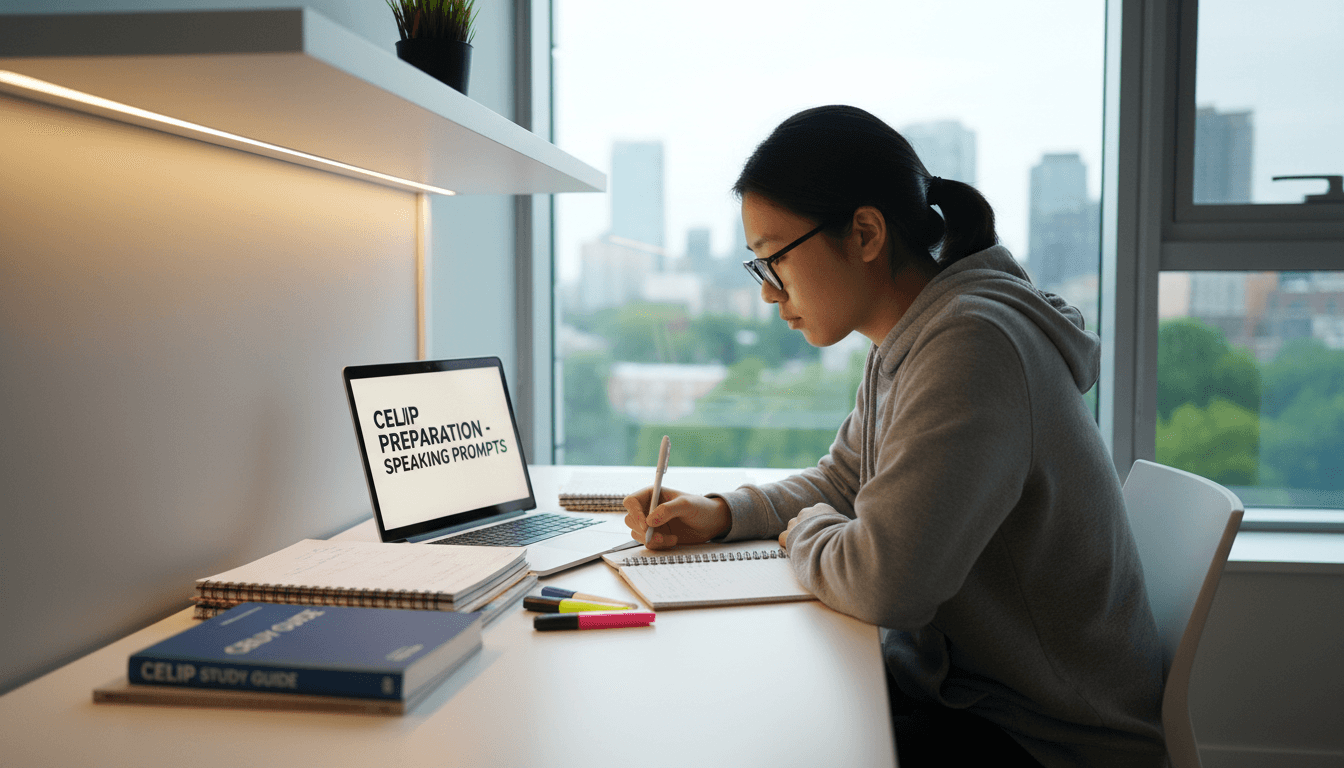 Student studying CELPIP with laptop and notes on desk