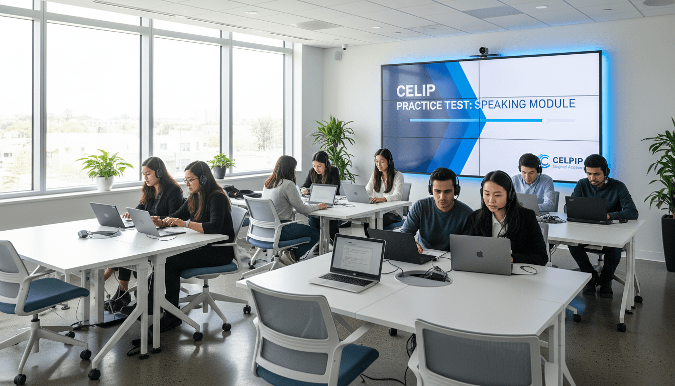 Diverse students wearing headsets use laptops for a CELPIP practice test in a bright classroom.