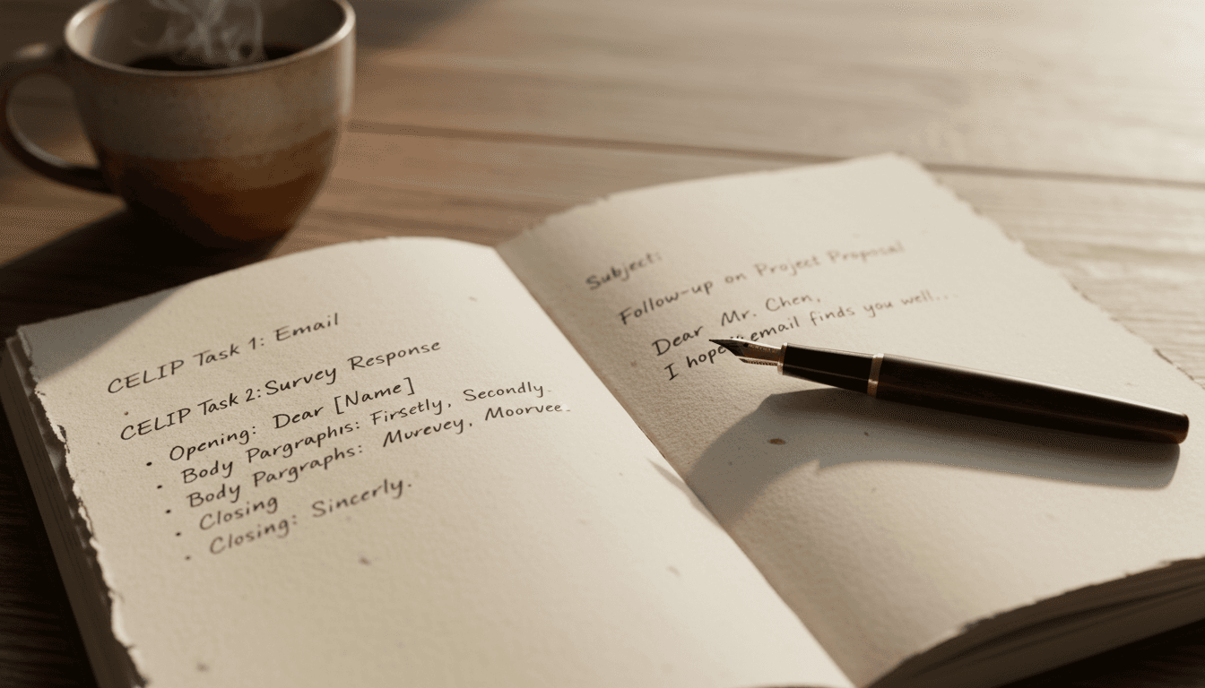 Handwritten CELPIP writing templates in a study notebook