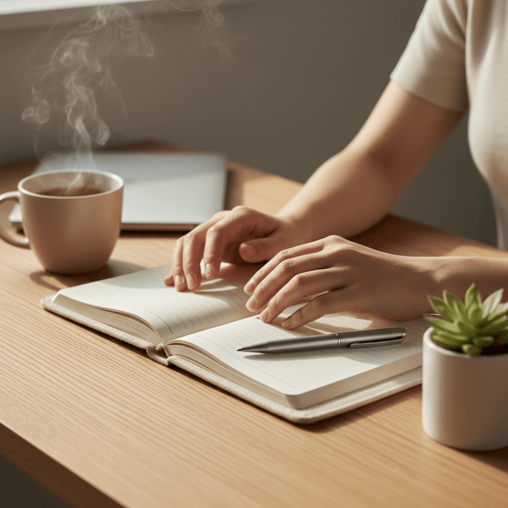 Student studying for CELPIP exam at a modern desk with laptop and notes