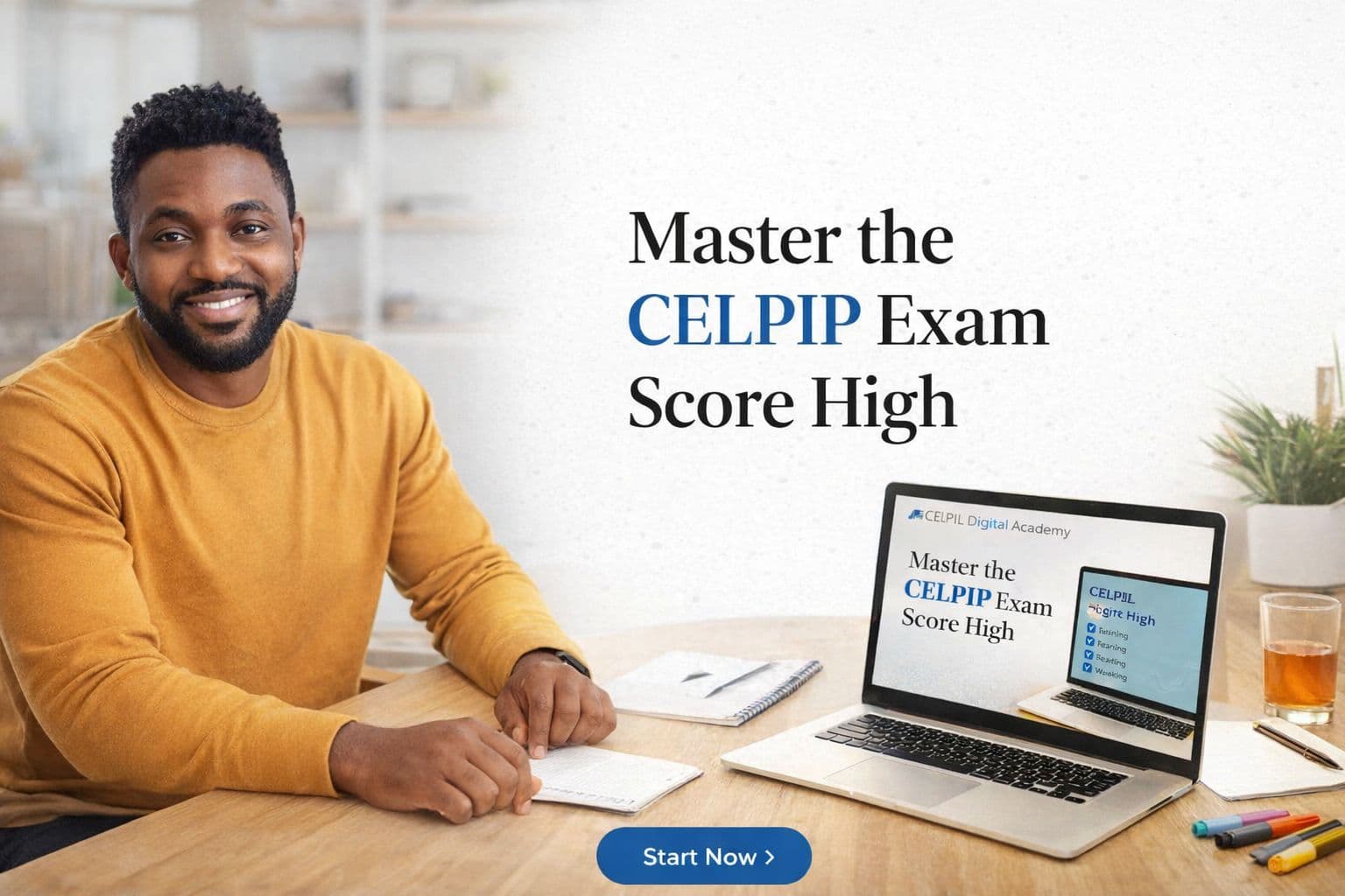 Smiling man at a desk with a laptop promoting a CELPIP exam preparation course.