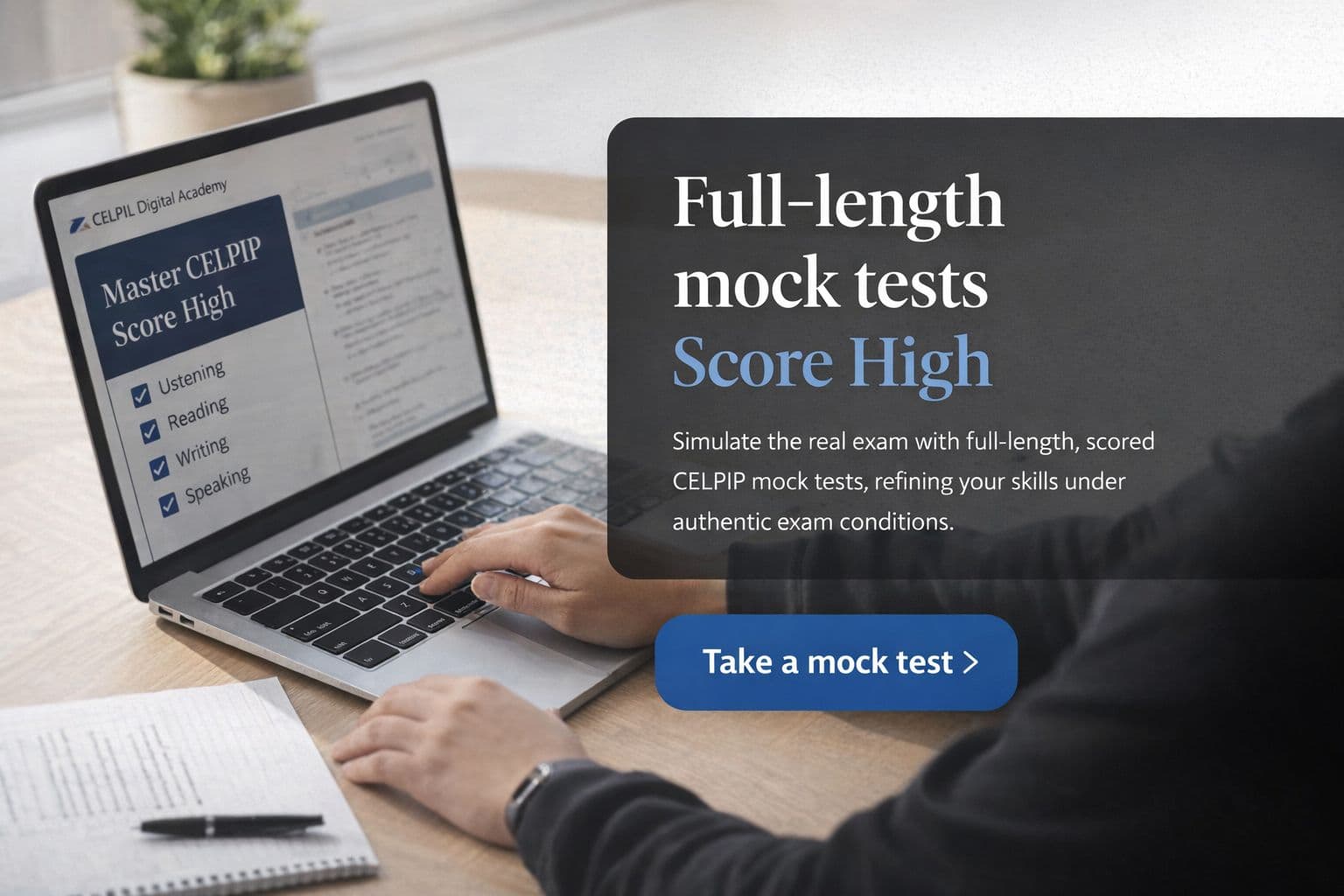 Person using a laptop for CELPIP mock tests with a 'Take a mock test' button.