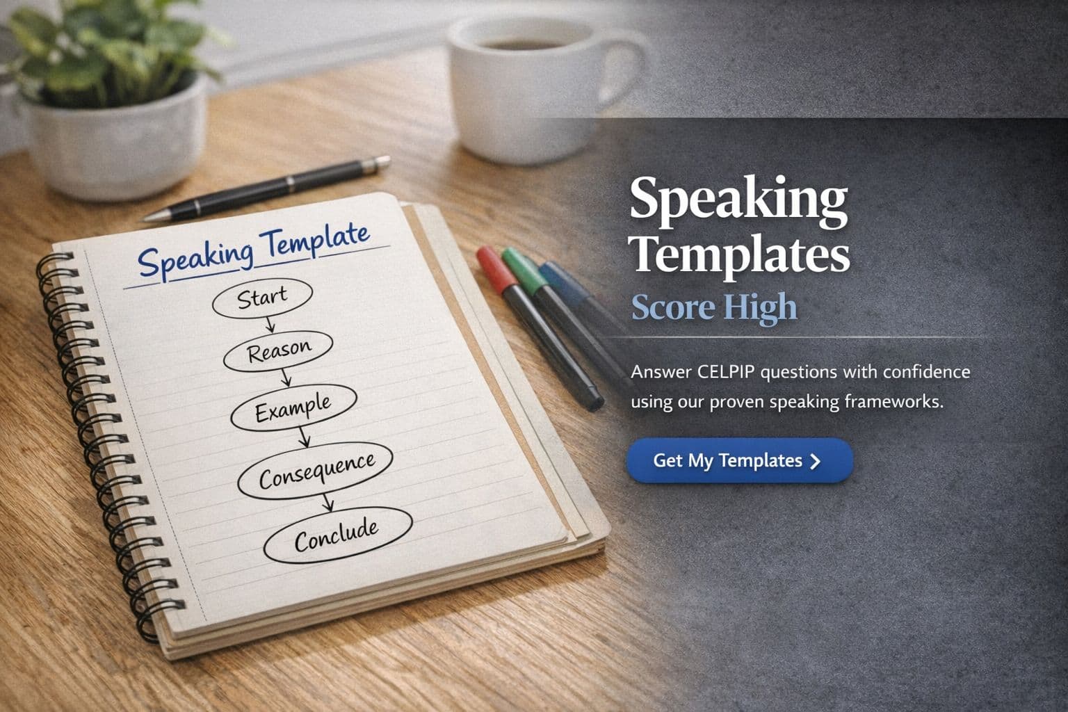 Spiral notebook showing a speaking template flowchart on a desk for CELPIP exam preparation.